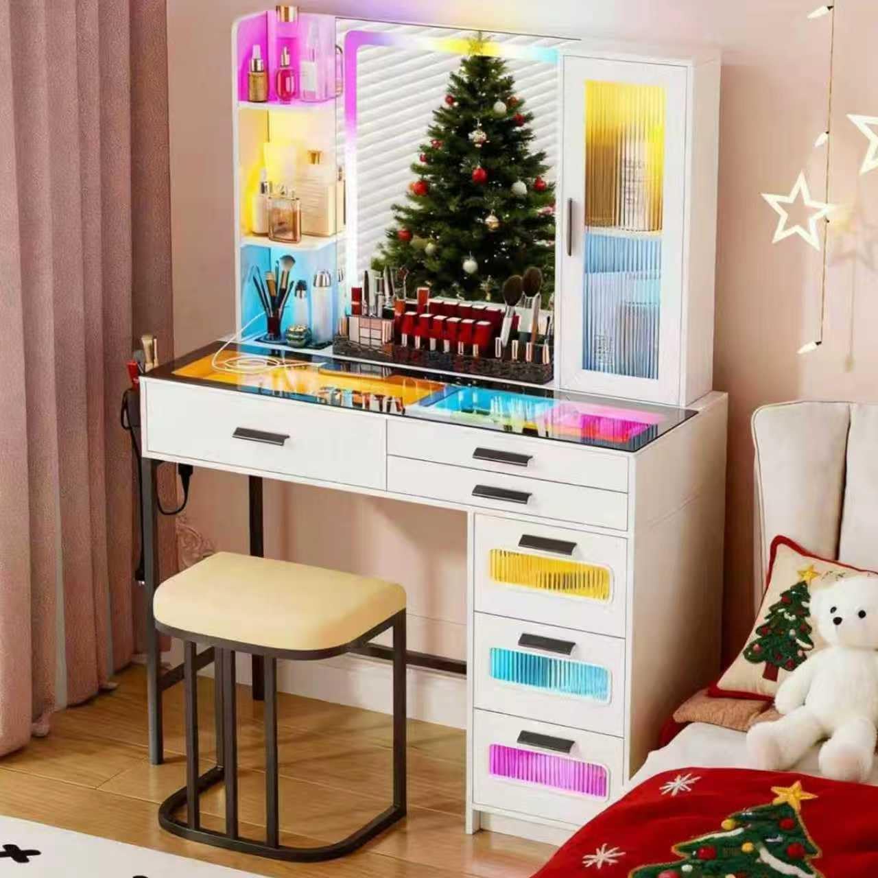 White Makeup Vanity Desk with Mirror and Lights,Vanity Table Set with Charging Station, Dressing Table with RGB Cabinets,Girls Vanity with Makeup Organizer and Drawers