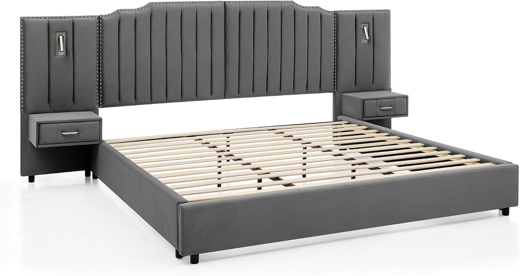 Velvet Upholstered King Size Platform Bed Frame with 48' Tall Headboard, Built-in Nightstands & Storage Drawers, No Box Spring Needed, Modern Gray Bedroom Furniture Set (Gray, King)