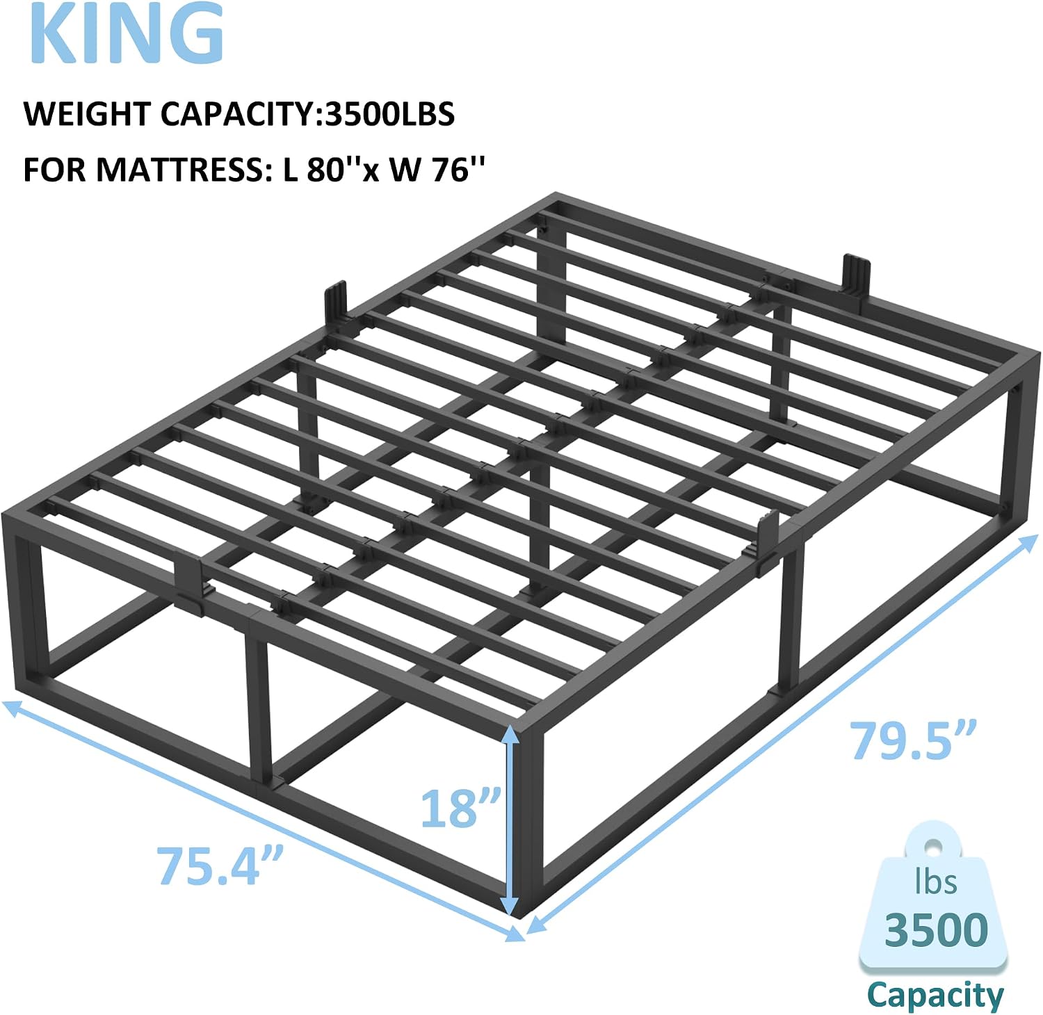 Bilily 18 Inch King Bed Frame with Steel Slat Support,Heavy Duty Metal Platform Bed Frame King Size Mattress Foundation,No Box Spring Needed,Easy Assembly,Noise Free,Black