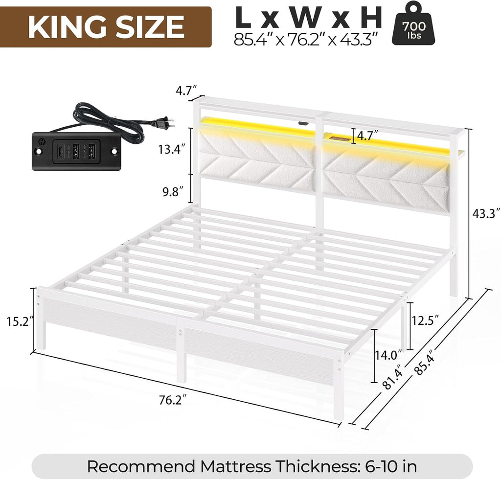 Seventable Bed Frame King Size with Charging Station, LED Bed with Upholstered Storage Headboard, Metal Platform Bed with Under Bed Storage, No Box Spring Needed, Noise Free, Easy Assembly, White