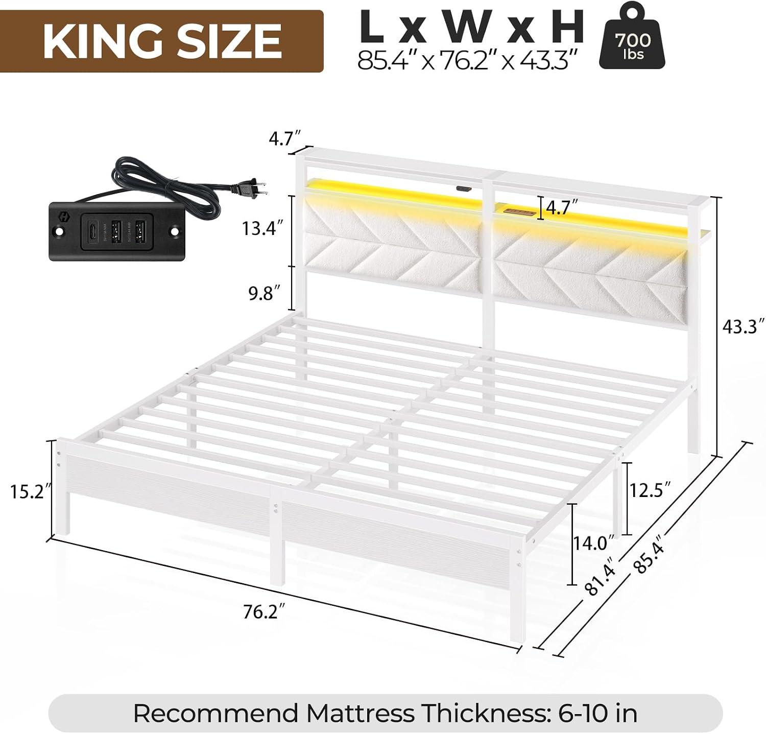 Seventable Bed Frame King Size with Charging Station, LED Bed with Upholstered Storage Headboard, Metal Platform Bed with Under Bed Storage, No Box Spring Needed, Noise Free, Easy Assembly, White