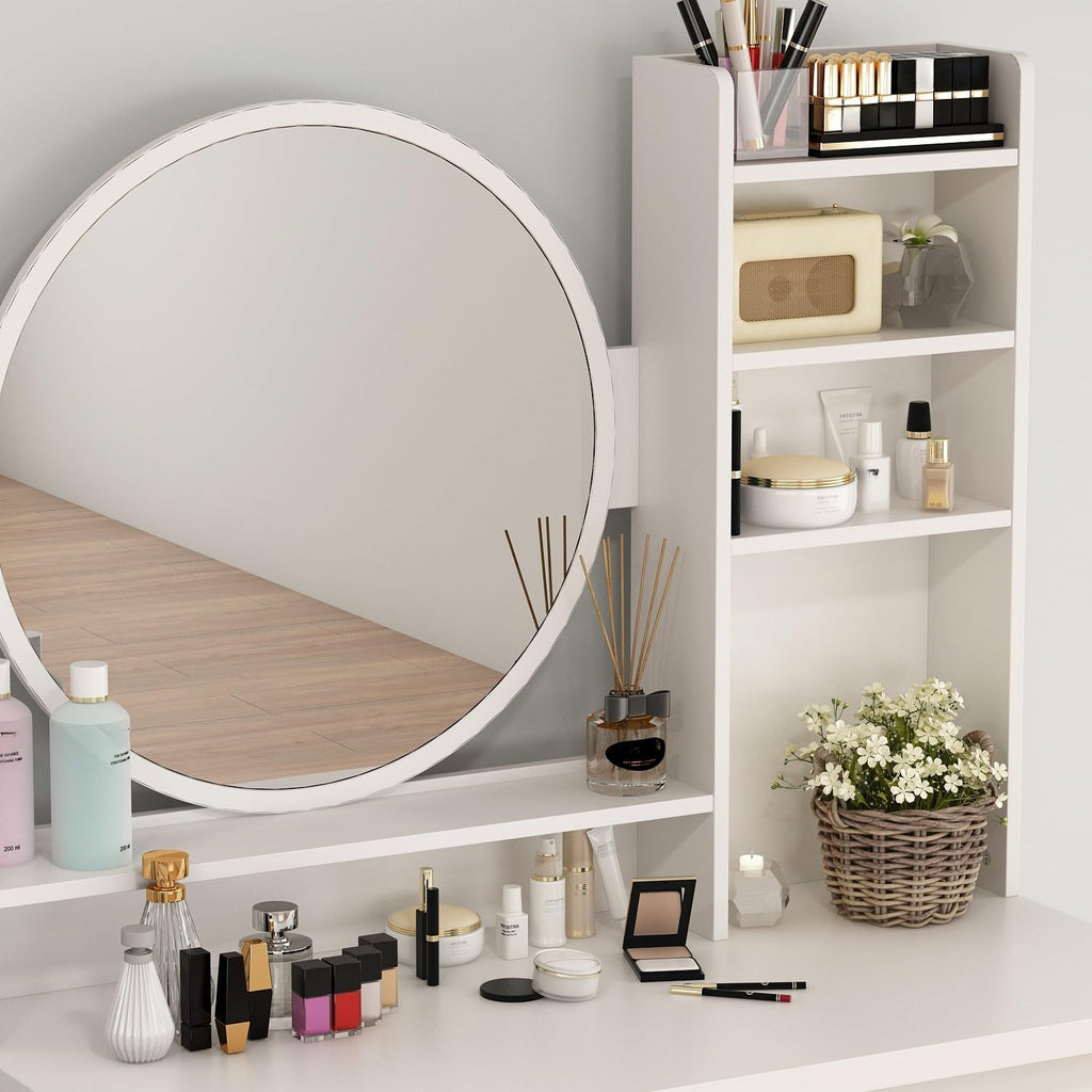 FUFU&GAGA White Vanity Set with Round Mirror, Makeup Vanity Bedroom Dressing Table with 5 Drawers, Shelves, Dresser Desk and Cushioned Stool