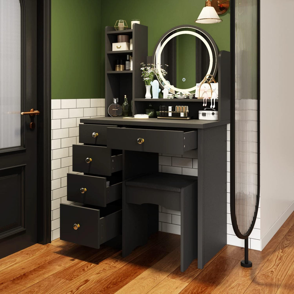 AGOTENI Makeup Vanity Set Dresser Desk with 5 Drawer and Shelf Round Mirror with Touch Screen and Light Vanity Set with Cushioned Stool for Bedroom, Black