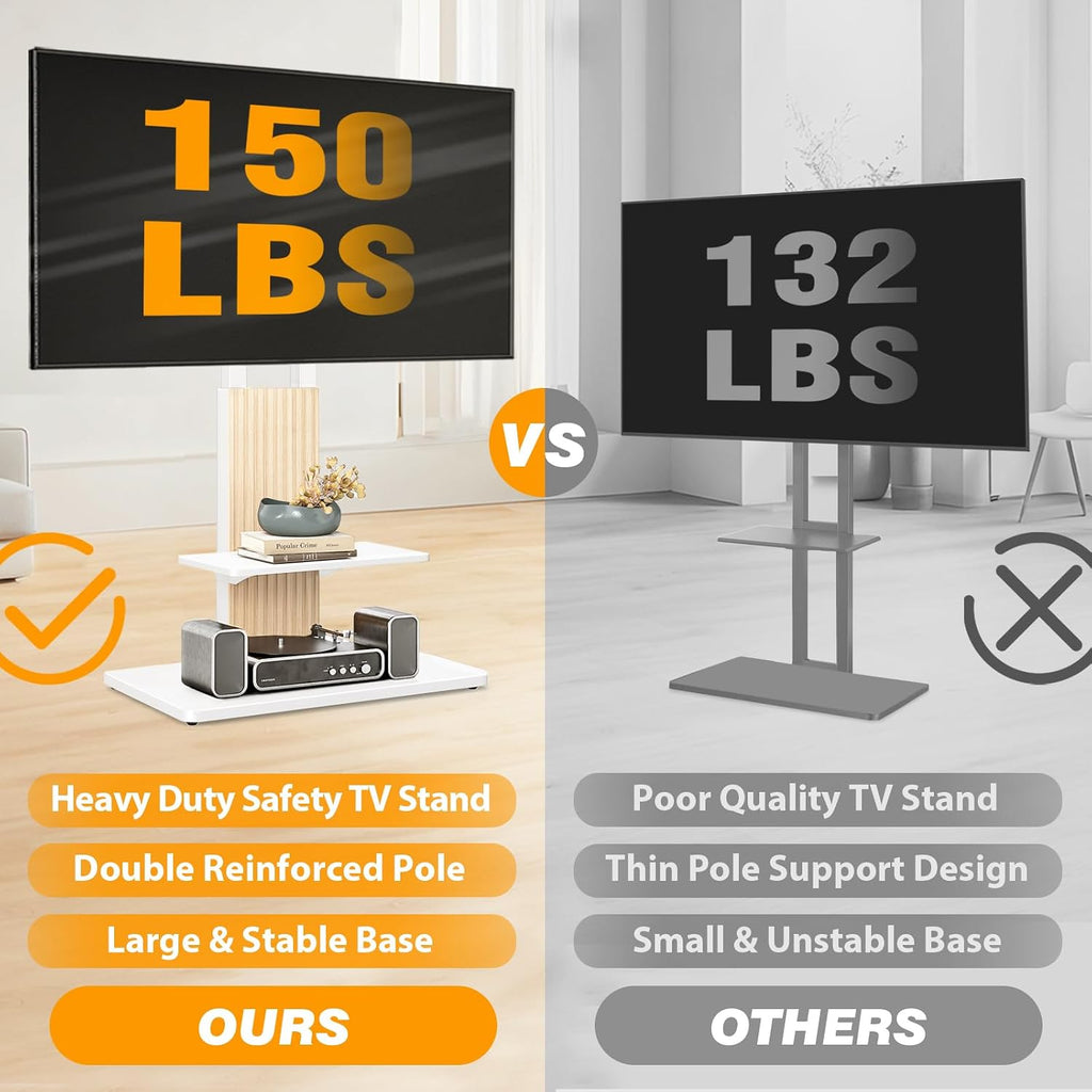 TVON Heavy Duty Floor TV Stand for 55-90 inch Large TVs up to 150 lbs, Tall TV Stand with Height Adjustable Mount, Universal TV Mount Stand with Large Storage Shelf and Wooden Base, White and Oak