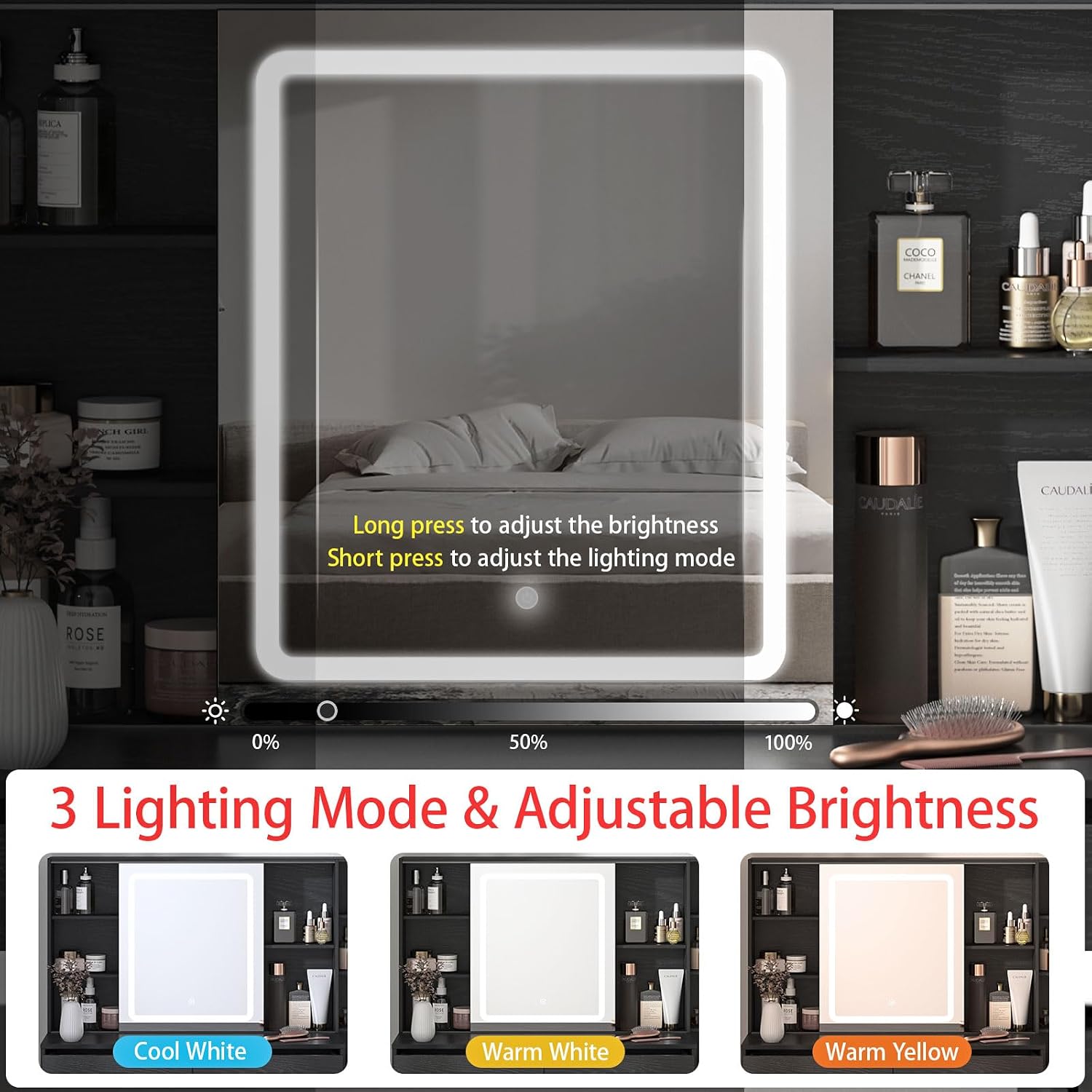 Fameill Vanity Desk with Mirror and Lights, Makeup Vanity with 5 Drawers, Makeup Desk with Charging Station and Ample Storage, Dressing Table with Chair for Bedroom Room (Black)