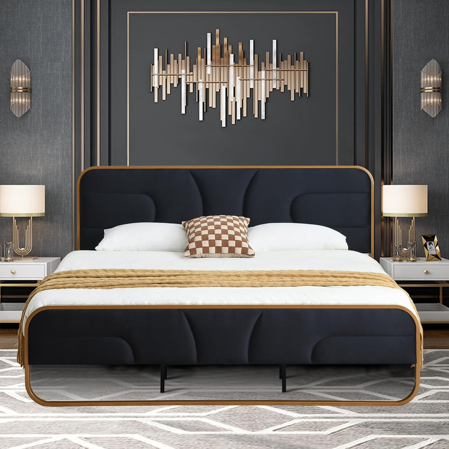VELOCAVA Rounded Metal Upholstered Bed King with Unique Headboard, Soft Velvet Platform Bed Storage Supported by Metal Base and Wooden Slats, No Box Spring Needed,Gold & Black