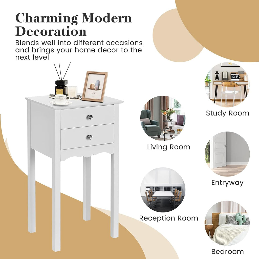 Giantex 2 Pcs End Table w/ 2 Drawers Side Table Nightstand Multi-Purpose Accent Table Living Room Bedroom Home Furniture (2, White)