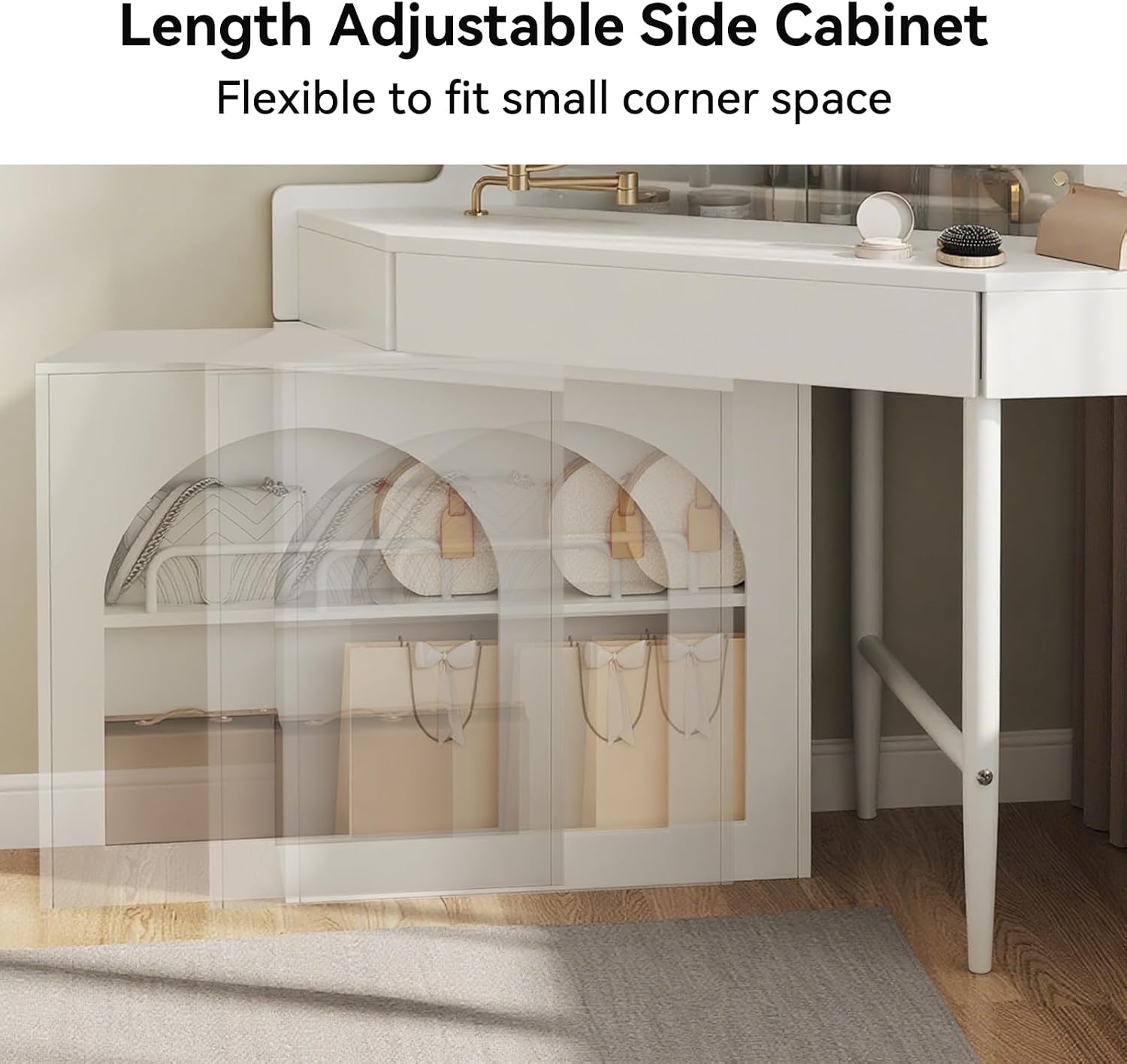 Corner Makeup Vanity Desk w/ 3-Color LED Lights & Tri-Folding Mirror - Modern Vanity Set with Stool, 360° Rotatable HD Mirror, Large Storage for Small Spaces Special Occasions (White)
