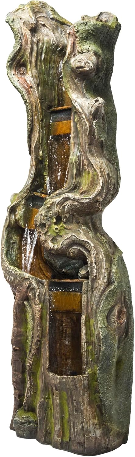 Alpine Corporation TVH156 79' Outdoor Floor Cascading Tree Trunk Water Fountain with LED Lights, Waterfall with Lights, Brown
