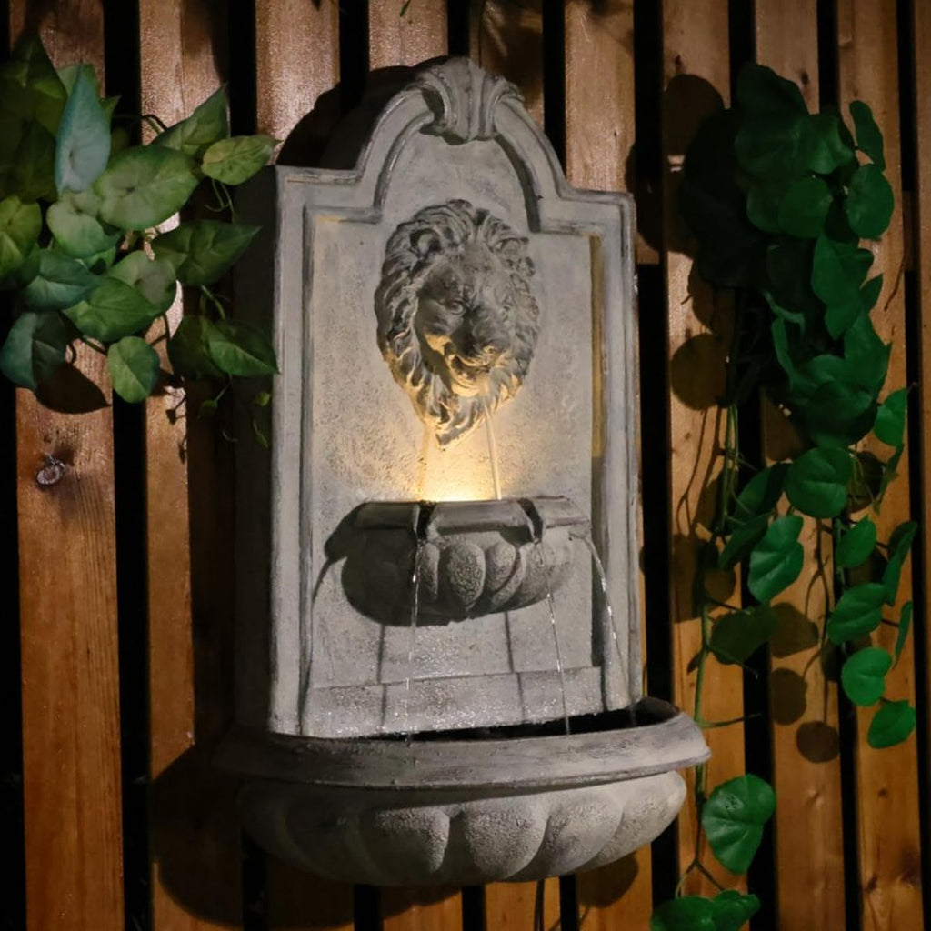 Lion Head Wall Hanging Fountain, 27.5' H Classic Outdoor Wall-Mounted Water Feature, Resin Antique Garden Wall Fountain with LED Light & Water Basin for Patio, Porch, Yard & Courtyard Décor