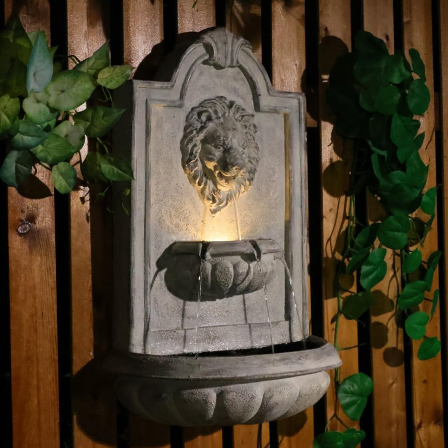 Lion Head Wall Hanging Fountain, 27.5' H Classic Outdoor Wall-Mounted Water Feature, Resin Antique Garden Wall Fountain with LED Light & Water Basin for Patio, Porch, Yard & Courtyard Décor