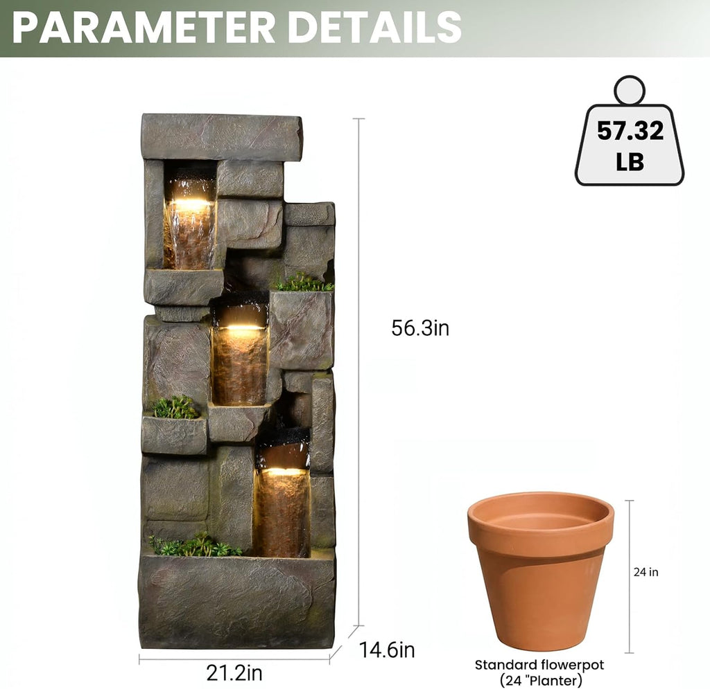 Bumilgar Garden Water Fountains Outdoor Floor Standing, 3 Tier Rock Waterfall Fountain with LED Lights and Pump for Garden, Patio, Backyard, Deck, Porch and Home Art Deco, 56.3' Very Tall