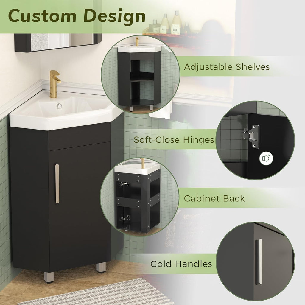 Findepot 24' Corner Bathroom Vanity Sink for Small Space Freestanding Compact Space Bathroom Storage Cabinet with White Ceramic Sink & Adjustable Shelf, Black