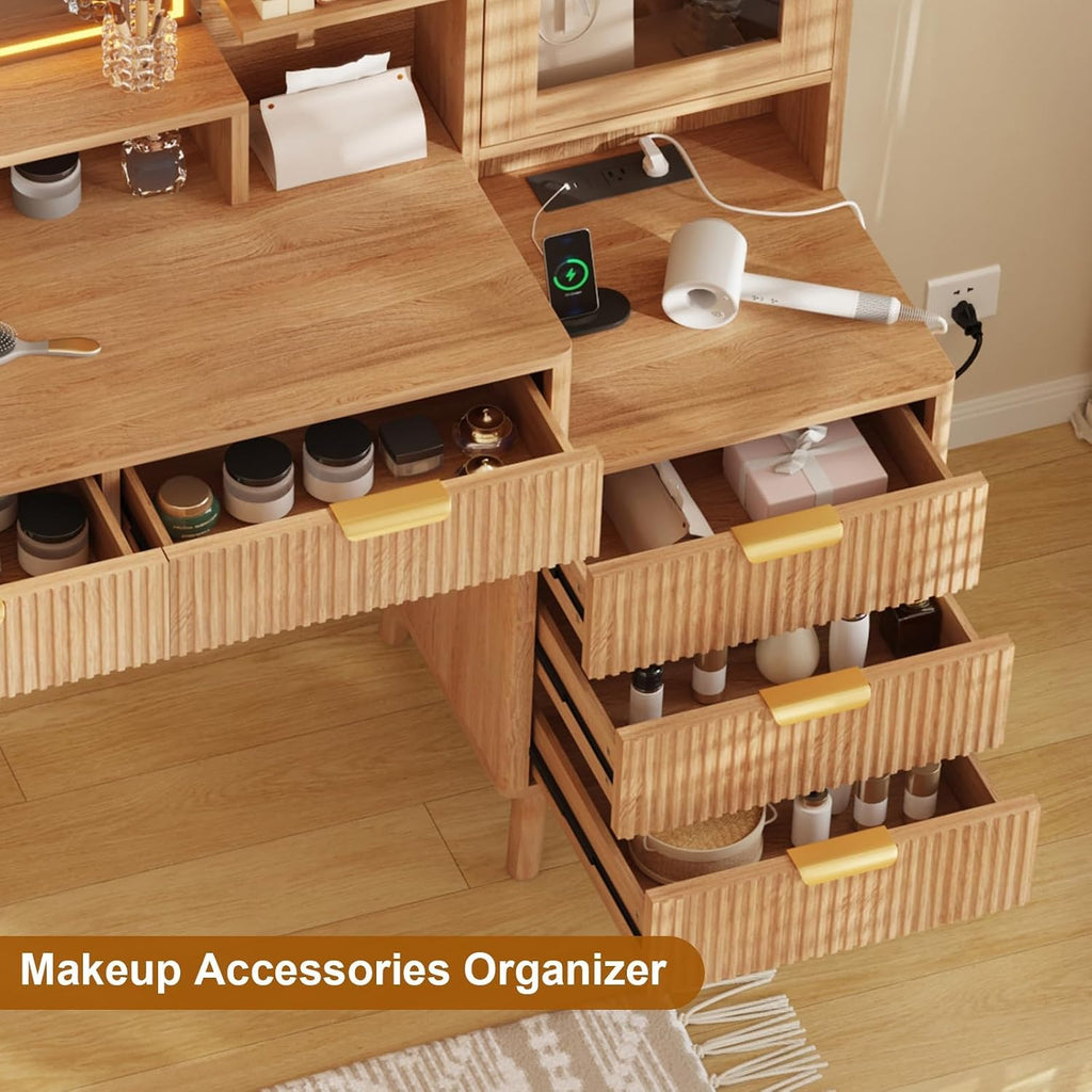 Modern Makeup Vanity Desk with Lights, 24-inch HD Lighted Mirror, 5 Drawers, Power Outlet & USB Ports, Fluted Dressing Table with Storage Shelf for Women & Girls (Wood)