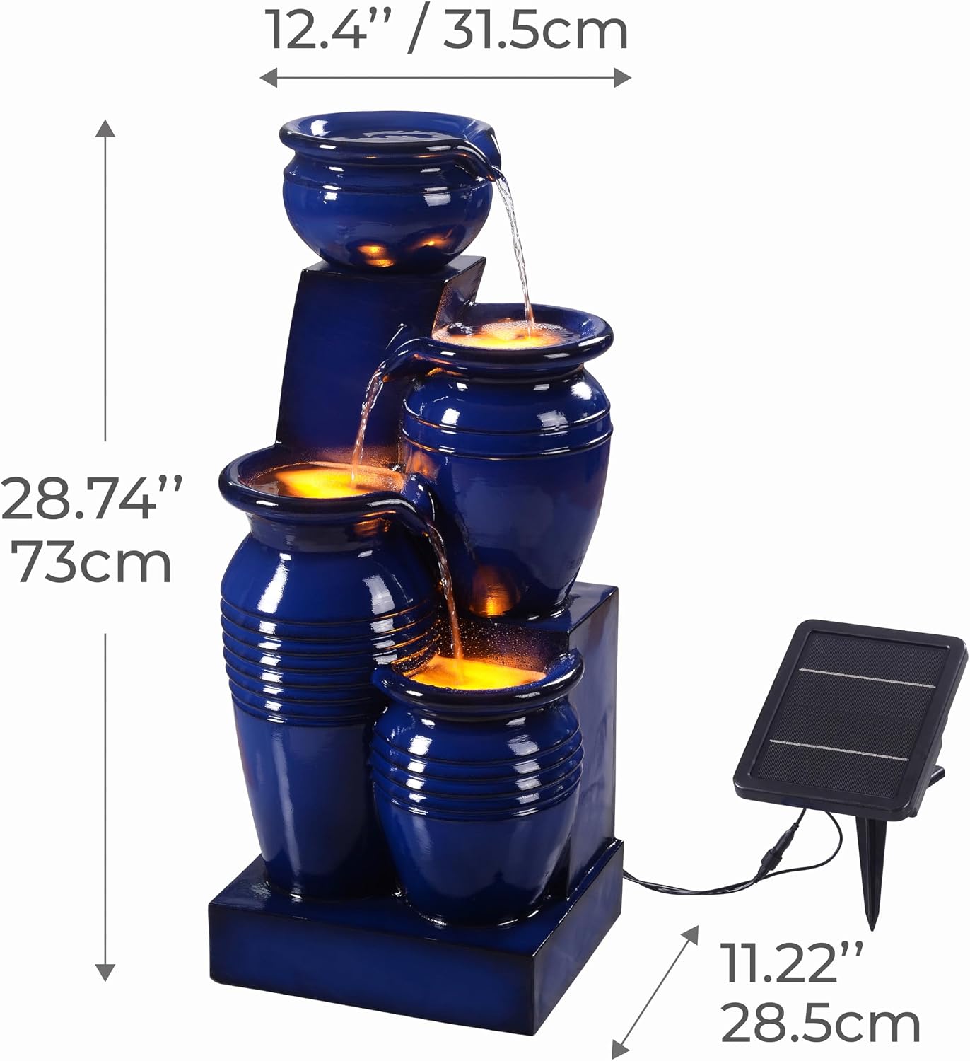 Teamson Home 28.74' 4-Tier Cascading Bowl Solar Powered Water Fountain for Outdoor Living Spaces, Navy