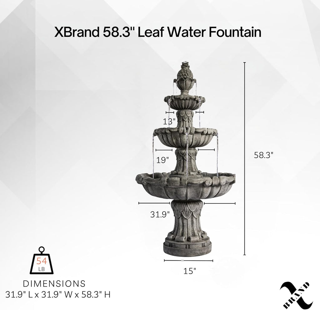 XBrand Large Outdoor Electric Bird Bath Fountain 58.3', 3-Tier Garden Water Fountain with Pump, Classic Leaf Design, Resin Floor Fountain for Yard, Lawn, Patio & Porch