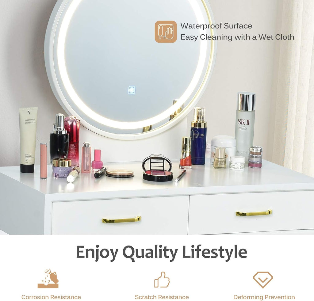 CHARMAID Vanity Set with Touch Screen Dimming Lighted Mirror, 3 Color Lighting Modes, Modern Bedroom Makeup Dressing Table with 2 Sliding Drawers and Cushioned Stool for Girls Women (White)