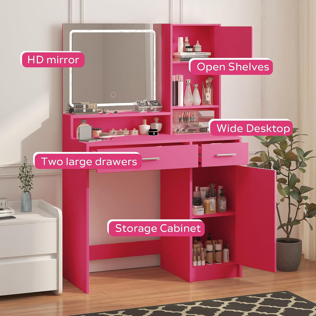 MIRROTOWEL Vanity Desk with Mirror and LED Light Strip,Dressing Table with Large Drawer, 3 Level Storage Dresser & 3 Lighting Modes Adjustable Brightness, Suitable for Bedroom