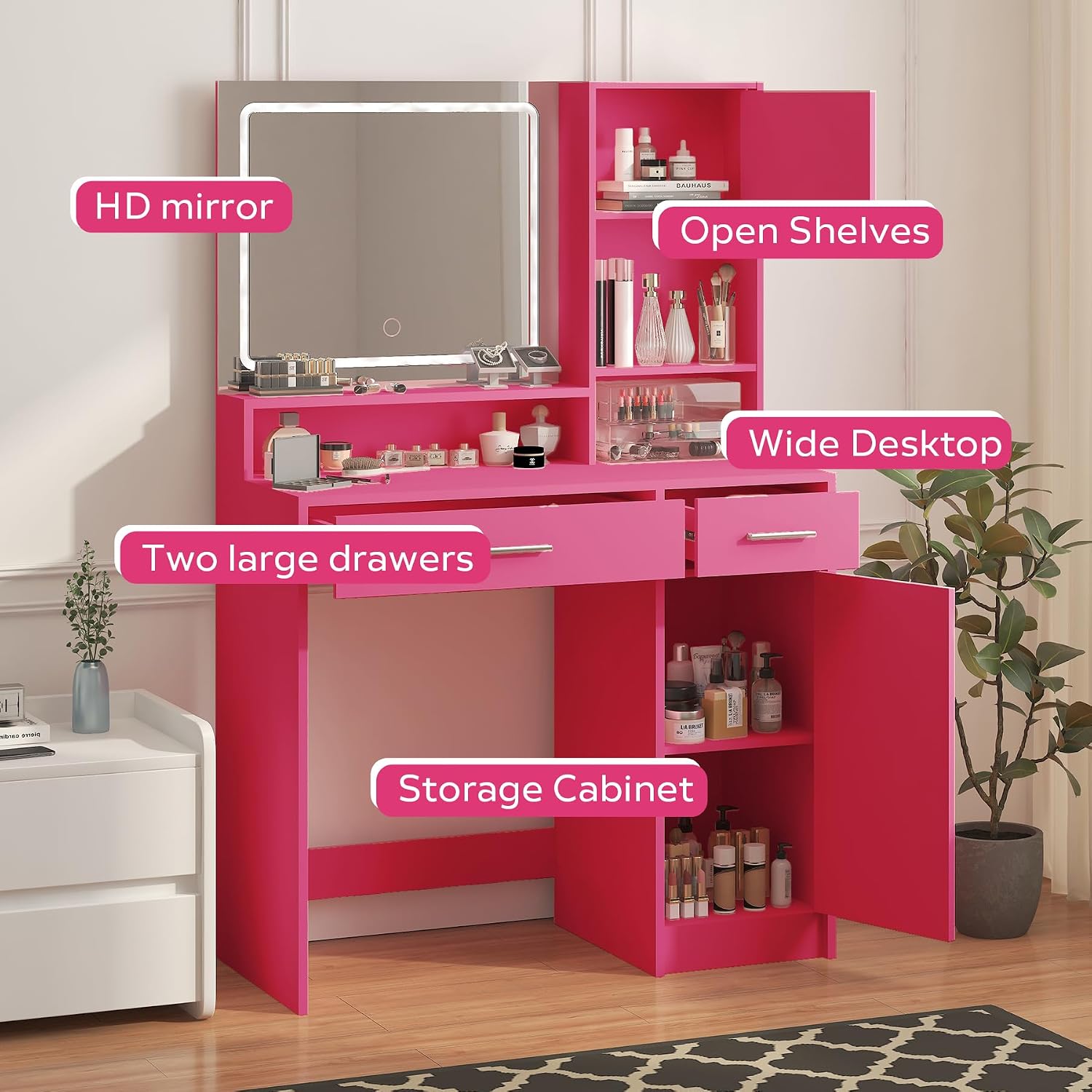 MIRROTOWEL Vanity Desk with Mirror and LED Light Strip,Dressing Table with Large Drawer, 3 Level Storage Dresser & 3 Lighting Modes Adjustable Brightness, Suitable for Bedroom