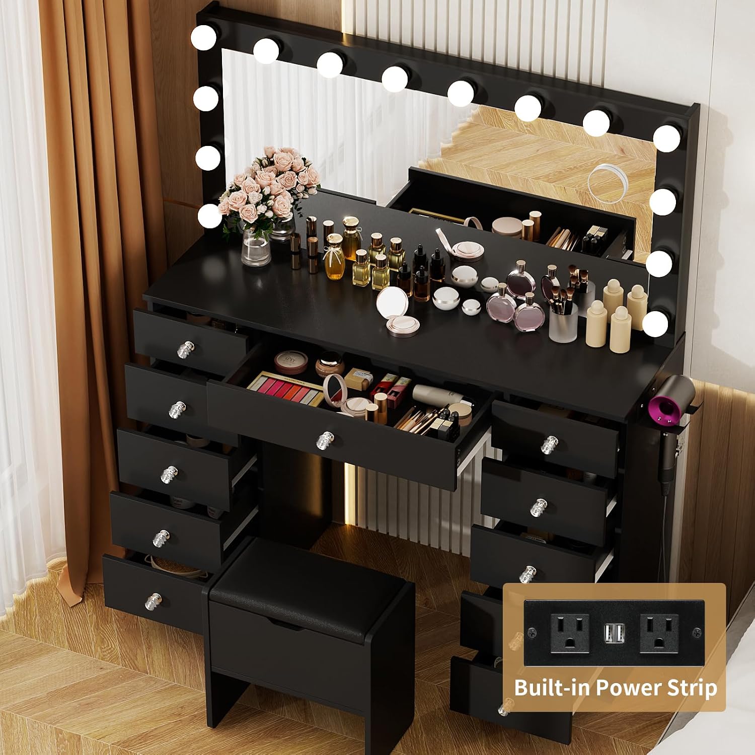 VOWNER Vanity with Lighted Mirror - Makeup Vanity Desk with 11 Drawers and Outlet, 3 Color Lighting Modes Adjustable Brightness, 46' Vanity Table with Soft Cushioned Stool for Bedroom, Black