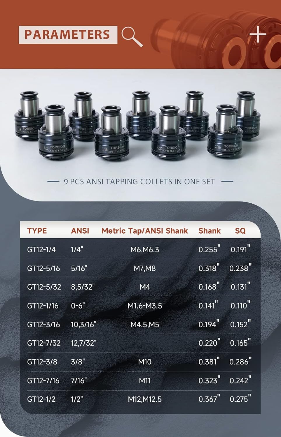 US Stock M3-M16 Electric Tapping Machine Tapper Tapping Arm Universal 360 Degree 9PCS ANSI Collets Included