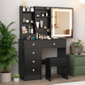 Black Vanity Desk with Sliding Mirror and Lights, Vanity Table with 6 Drawers and Cabinet, Small Vanity Set with Chair Stool, 3 Modes Adjustable LED Sliding Mirror, Vanity for Bedroom