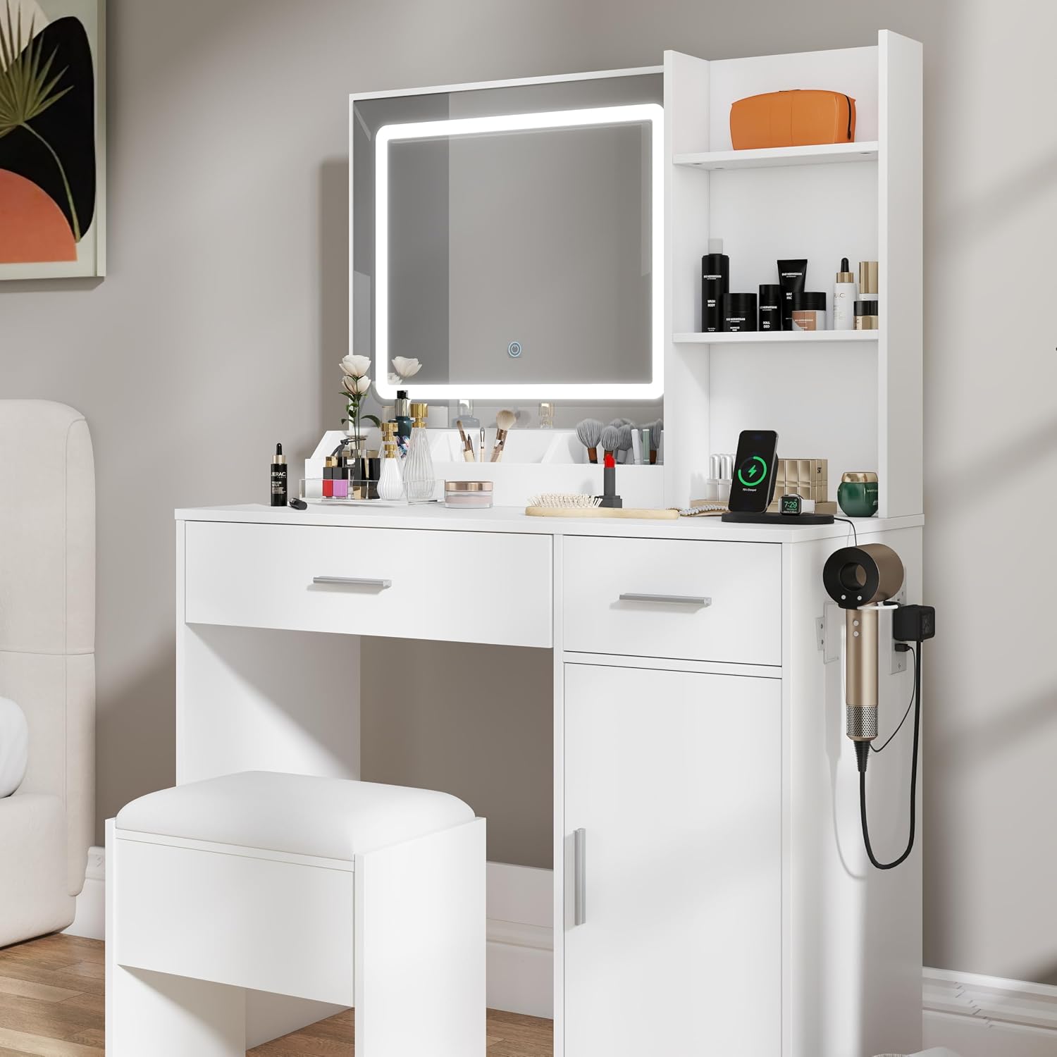 Roundhill Furniture Lavin Makeup Vanity Set, Vanity Desk with Stool, LED Light Mirror and Charging Station, White