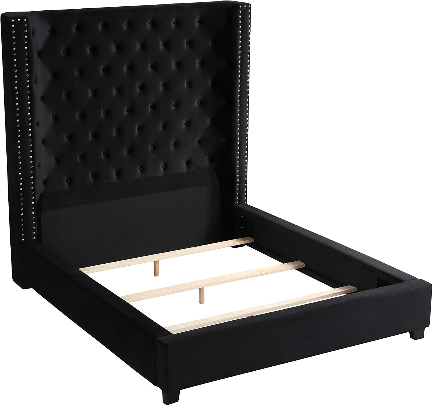 Jaclyn Velvet Transitional Upholstered Bed Frame with 70' Tall Straight Edge Headboard, Button Tufting and Nailhead Trim, Bedroom Furniture, (Black, California King)