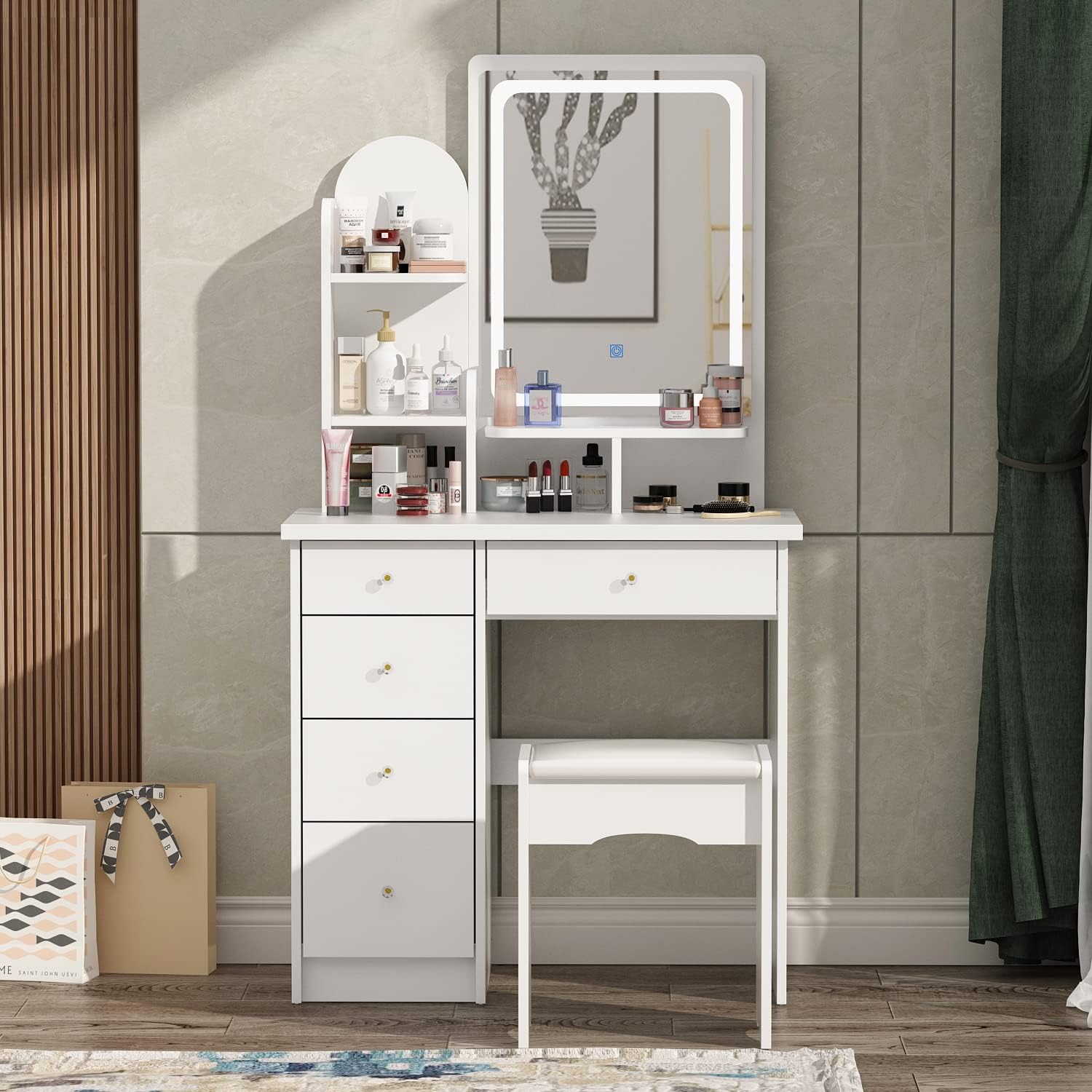 ECACAD Vanity Desk, Vanity Table Set with LED Lighted Mirror, Makeup Vanity Dressing Table with Drawers, Storage Shelves, Crystal Handles and Cushioned Stool, White