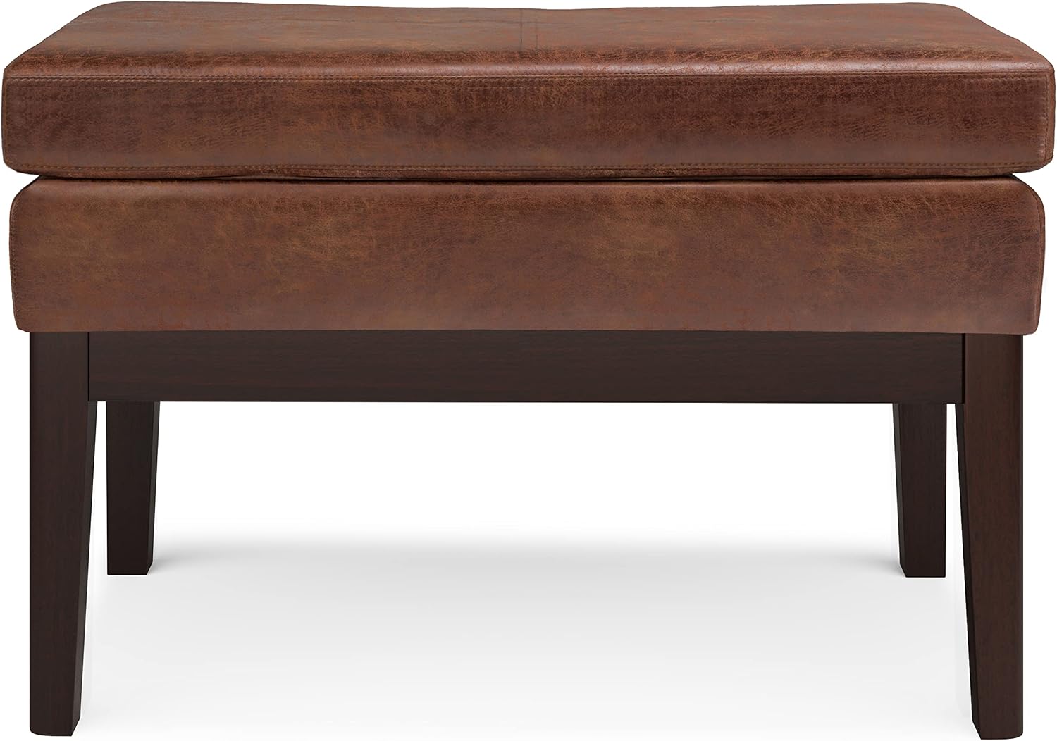 SIMPLIHOME Carlson Small Ottoman Bench - 27 inch Wide Upholstered Woven Fabric Rectangle Ottoman in Distressed Saddle Brown, Mid Century Modern Bench for Bedroom or Living Room with Padded Seat