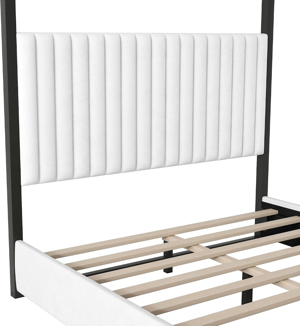 Upholstery Canopy Platform Bed with Headboard and Metal Frame for Bedroom,No Spring Box Needed (Black+White, Queen (U.S. Standard))