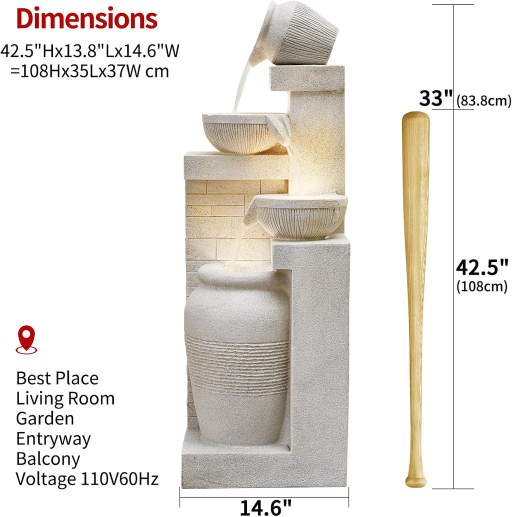 42.52' Outdoor Garden Water Fountain with Lights 4 Tiers Cascading Large Waterfall Floor Standing Fountain for Patio, Backyard, Deck, Porch and Home Art Decor