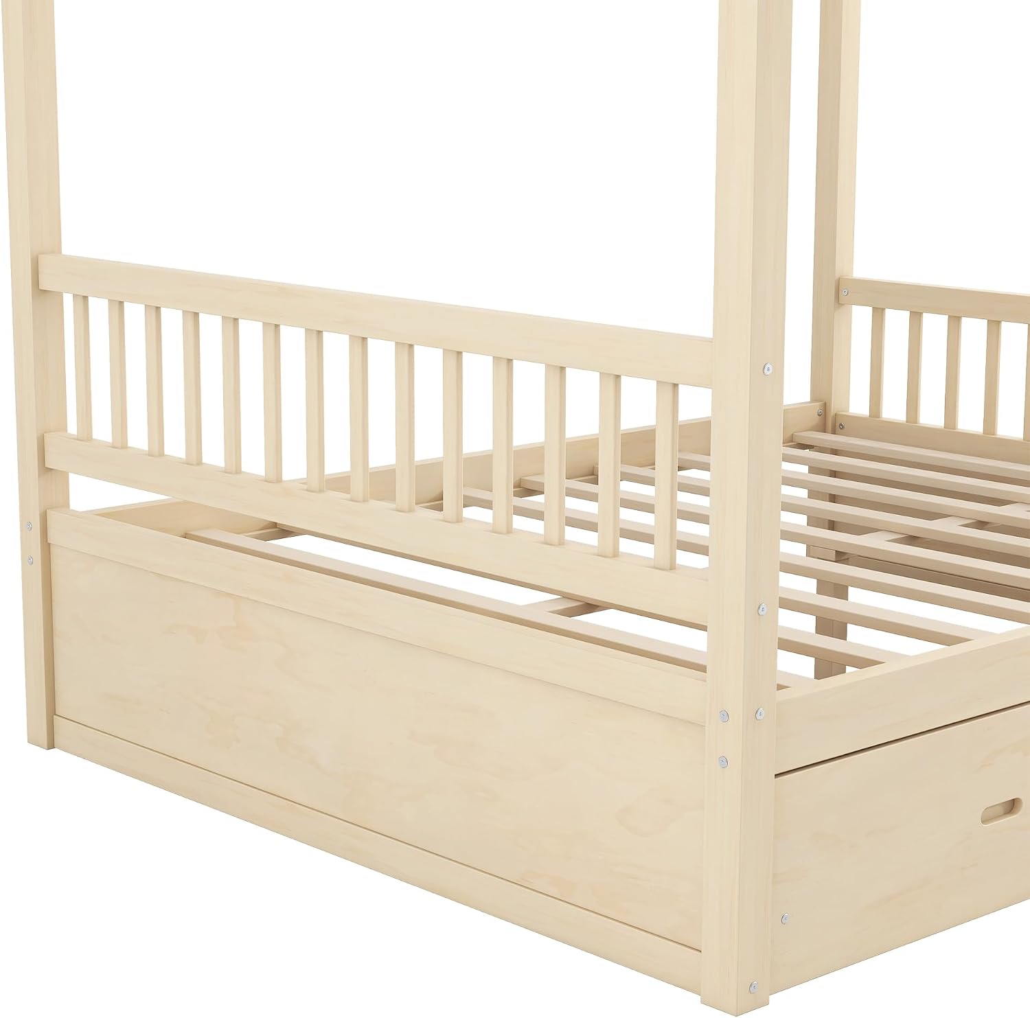Merax Queen Size Canopy Bed with Storage, Solid Wood Four Posters Bed Frame with Drawers, No Box Spring Needed, Natural