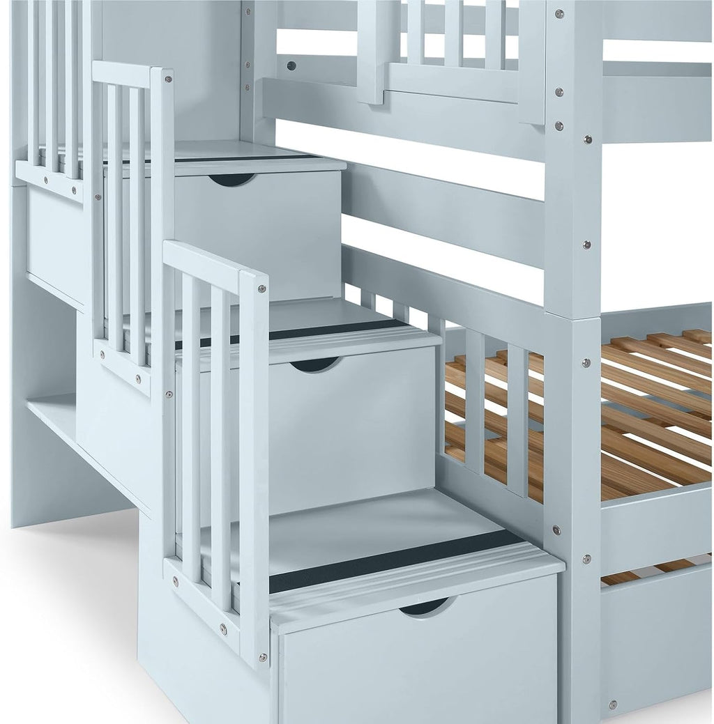 Bedz King Stairway Bunk Beds Twin Over Twin, 3 Step Drawers, Breezy Blue