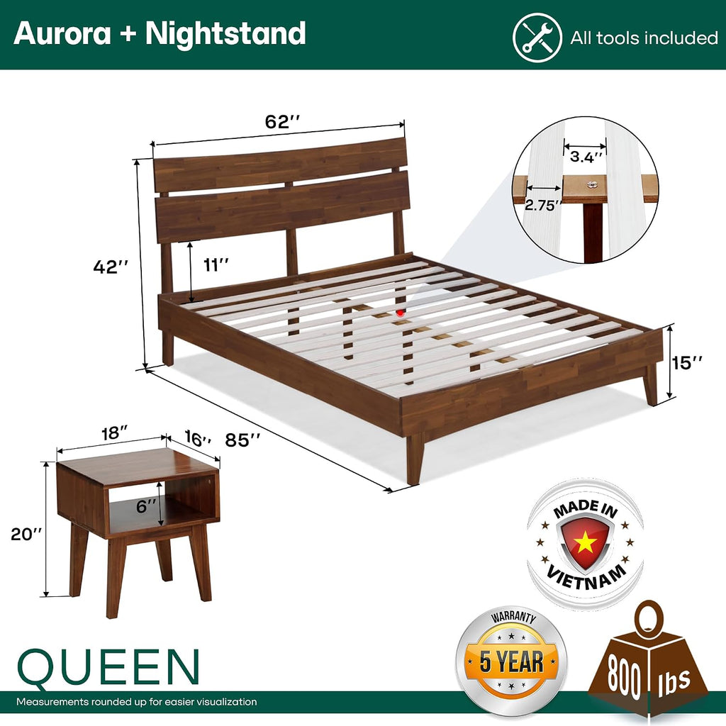 Acacia Aurora Queen Solid Wood Bed Frame with Headboard – Gift Matching Nightstand Included, Mid-Century Modern Farmhouse, Walnut Finish, 800 lbs Capacity, Sturdy, No Box Spring, Easy Assembly