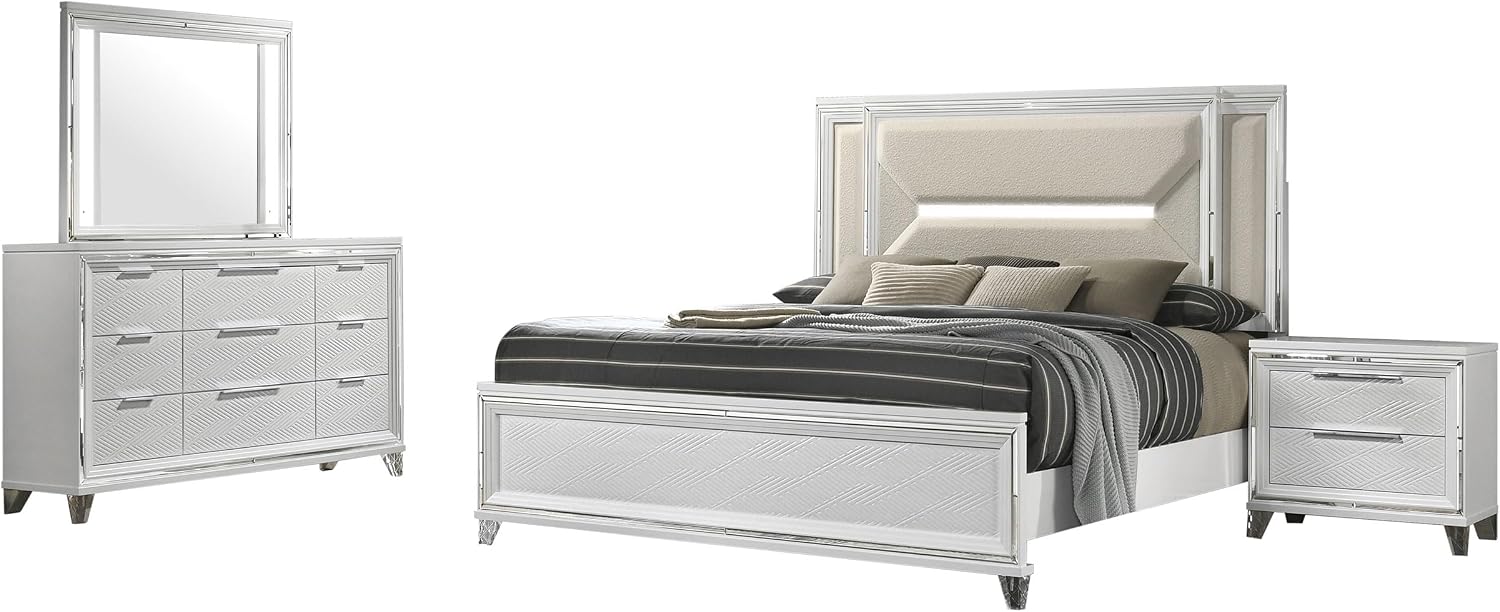 Coaster Home Furnishings Marmore Contemporary 4-Piece Bedroom Set Boucle Upholstered Eastern King Size LED Panel Bed Frame 64-inch Headboard White 224961KE-S4
