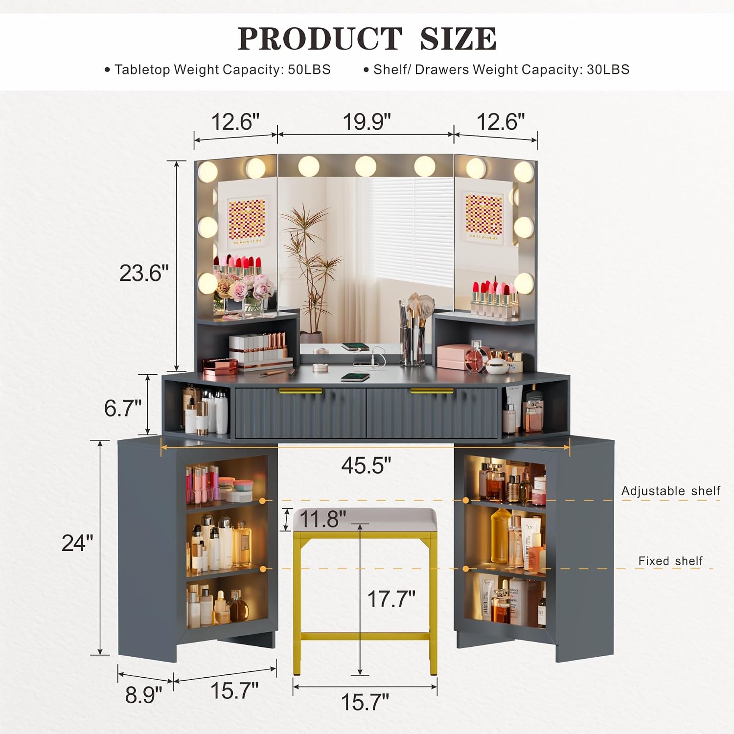 Vanity Desk with Charging Station & LED Lights Mirror – Corner Design HD Triple Mirror Makeup Vanity Table Set with Storage Drawers & Chair for Living Room/Bedroom Ideal Gift (Grey-113)