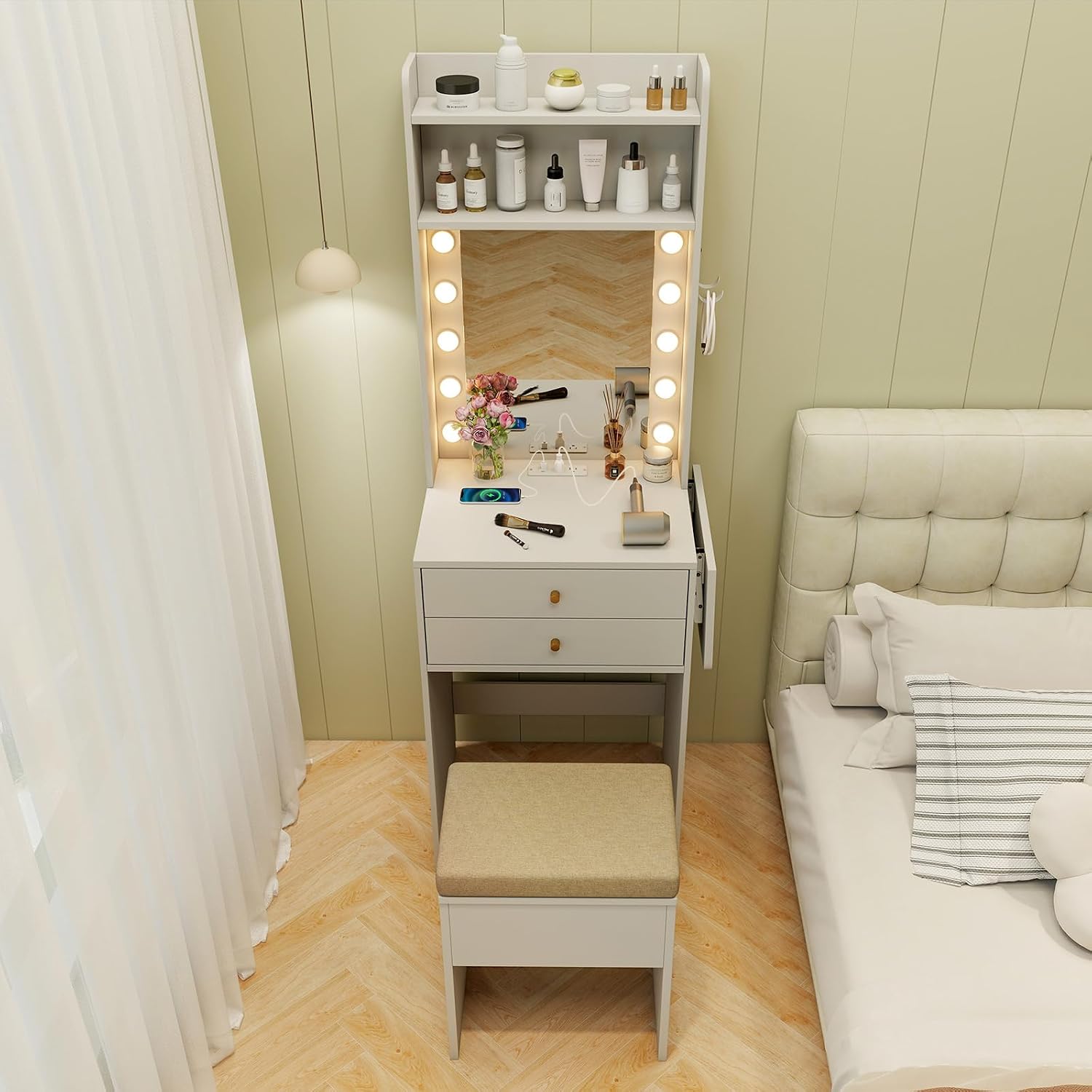 CHARMAID Small Vanity Desk with Mirror and Lights, White Makeup Vanity Table with Storage Bench, Drawers, Shelves, Foldable Side Table, Charging Station, Compact Vanity for Small Bedroom Narrow Space