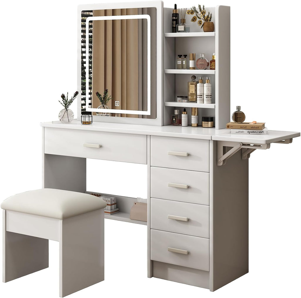 43.3' Vanity Desk with Mirror and Lights, Sliding 3 Colors Lighted Mirror, Vanity Desk Set with Stool, 5 Drawers and Foldable Table Board, to Store Jewelry and Makeup for Bedroom&Dressing Room