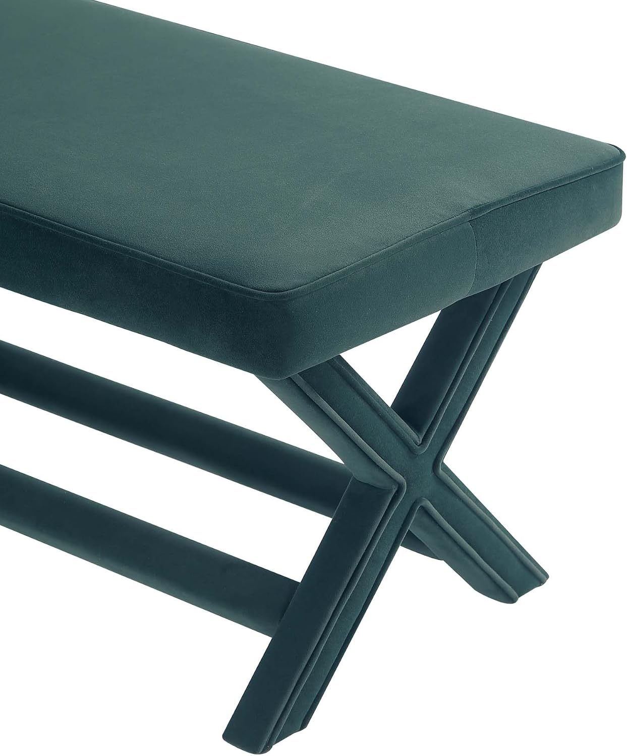Manhattan Comfort Abigail Double Ottoman Bench Upholstered in Velvet Fabric, Luxurious Accent Vanity Stool with Stylish X-Crossed Legs, Solid Wood Frame, Plush Piped Cushion, Fully Assembled, Green
