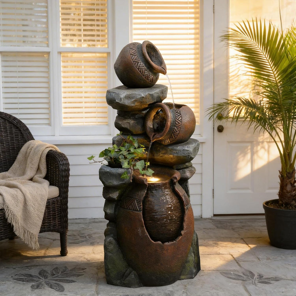 Rustic Jar Outdoor Water Fountain with Planter 38.5' Large Tiered Waterfall with Warm LED Lights, Handcrafted Resin Fountain for Zen Garden, Deck & Indoor Home Decor