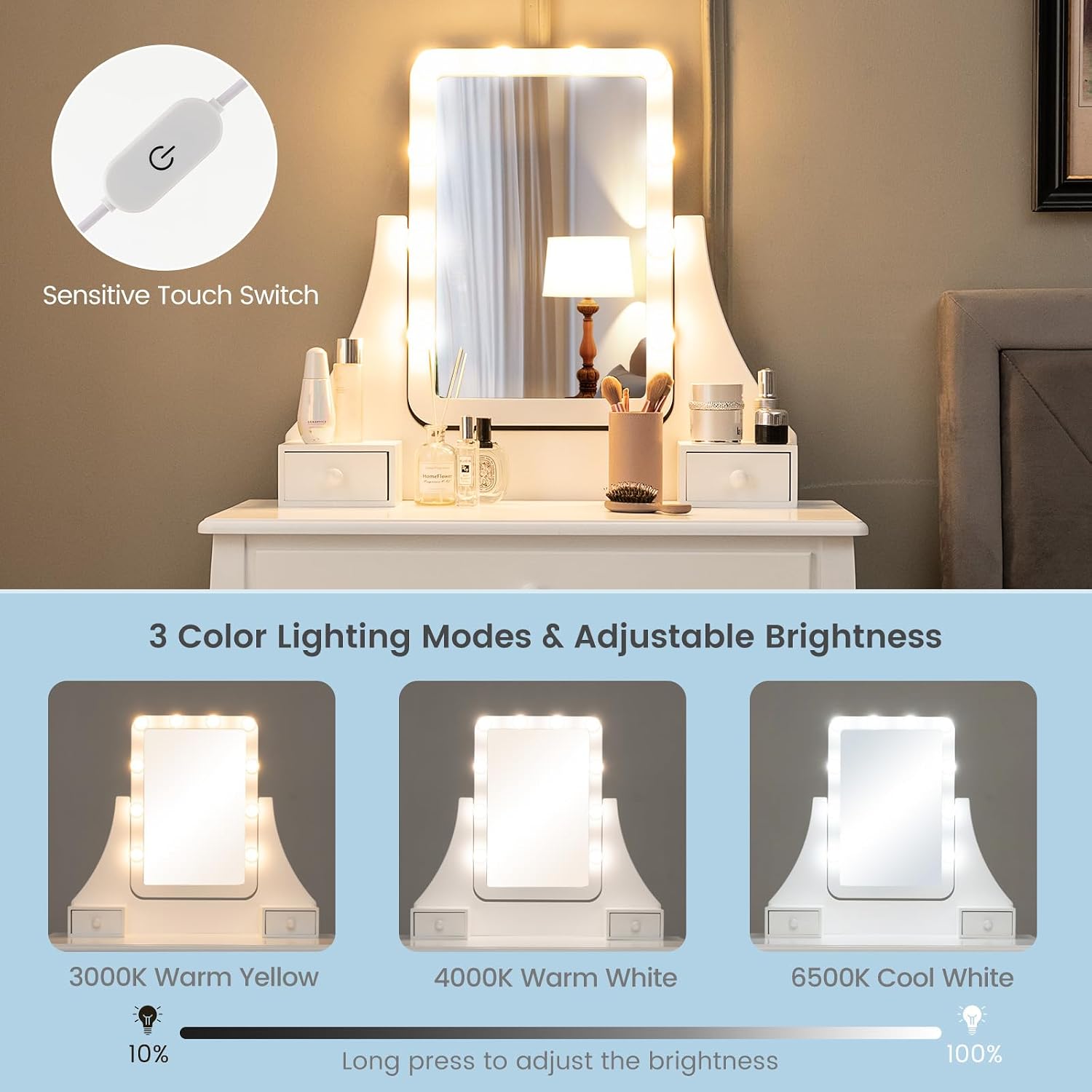 CHARMAID Makeup Vanity Desk with Lighted Mirror, 3 Color Lighting Modes, Adjustable Brightness, 3 Drawers, Removable Dividers, Bedroom Dressing Table Vanity Set with Stool for Girls Gift (White)