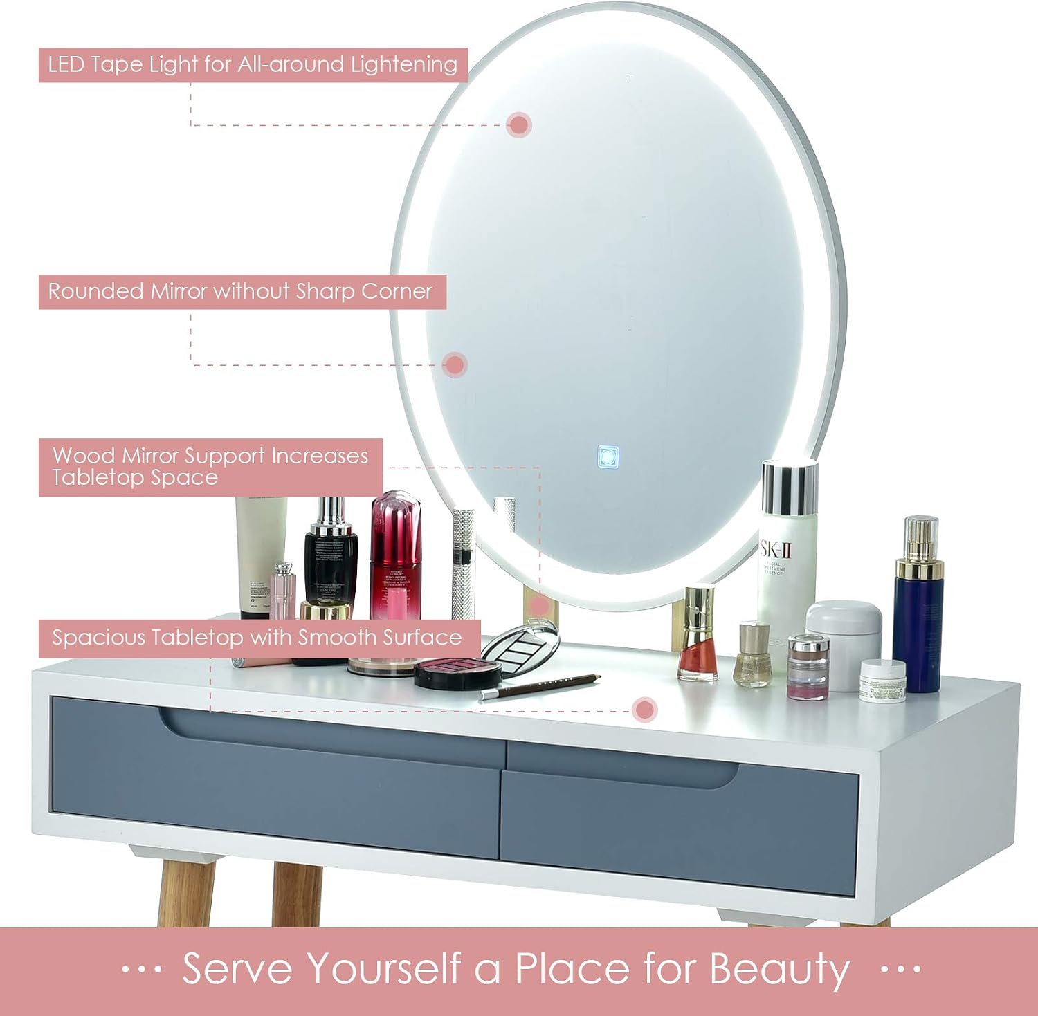 CHARMAID Vanity Set with Lighted Mirror, 3 Modes Adjustable Brightness Mirror, Makeup Dressing Table with Cushioned Stool, 2 Sliding Drawers with Divider, Modern Bedroom Vanity for Girls Women (Gray)