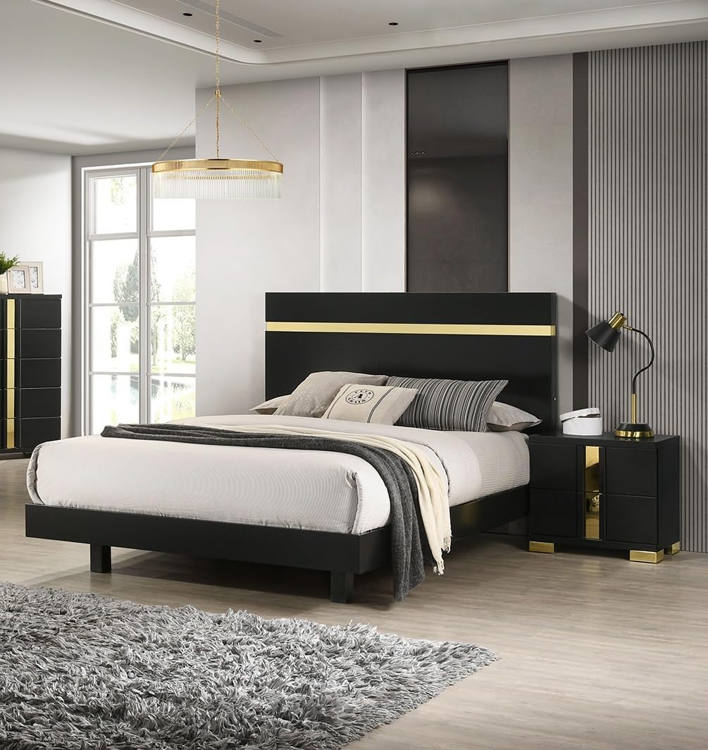 Black 3pc Bedroom Set King Size Bed w LED 2X Nightstands Mattress Ready Furniture Acrylic Trim