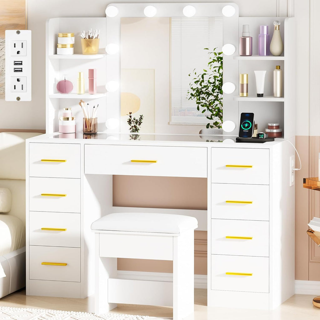 BEWISHOME Makeup Vanity Desk with Mirror and Lights White Vanity Table with Glass Top Power Outlet Stool,Makeup Desk with 9 Drawers and 4 Storage Shelves,Dressing Table for Bedroom Women FST39W