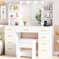 BEWISHOME Makeup Vanity Desk with Mirror and Lights White Vanity Table with Glass Top Power Outlet Stool,Makeup Desk with 9 Drawers and 4 Storage Shelves,Dressing Table for Bedroom Women FST39W