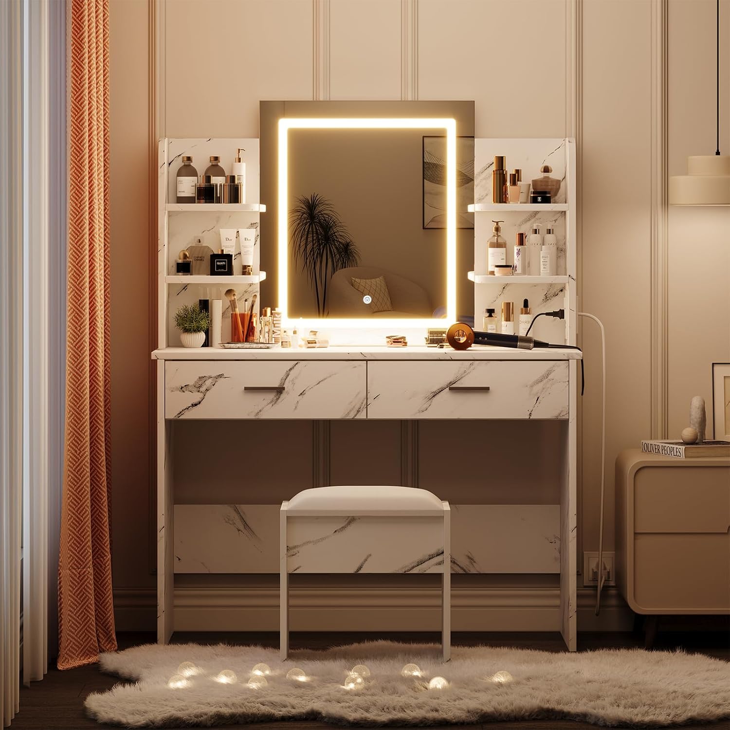 Garvee Vanity Desk with Lights | Tri-Mode LED Lighted Mirror & Charging Station | Makeup Vanity Set with 6 Shelves, 2 Drawers, Soft Cushion Stool | Dimmable Vanity Desk for Bedroom (Marble White)