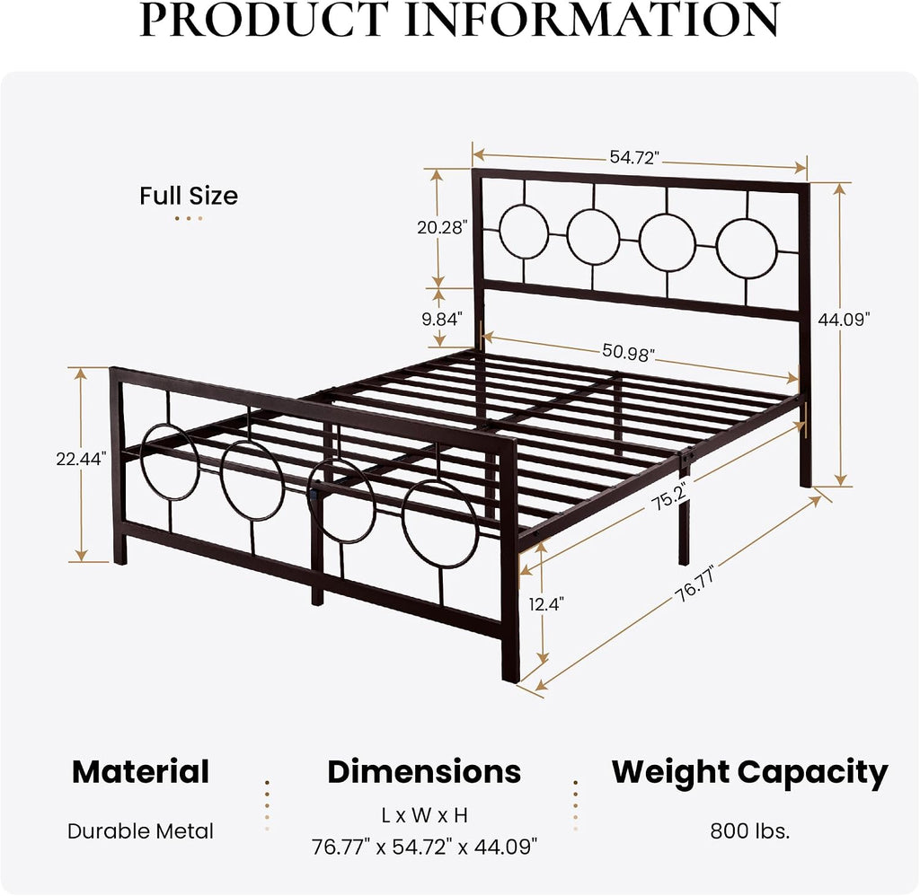 SHA CERLIN Full Size Metal Bed Frame with Vintage Circular Design Headboard and Footboard,No Box Spring Required,Easy Assembly,Noise-Free,Brown