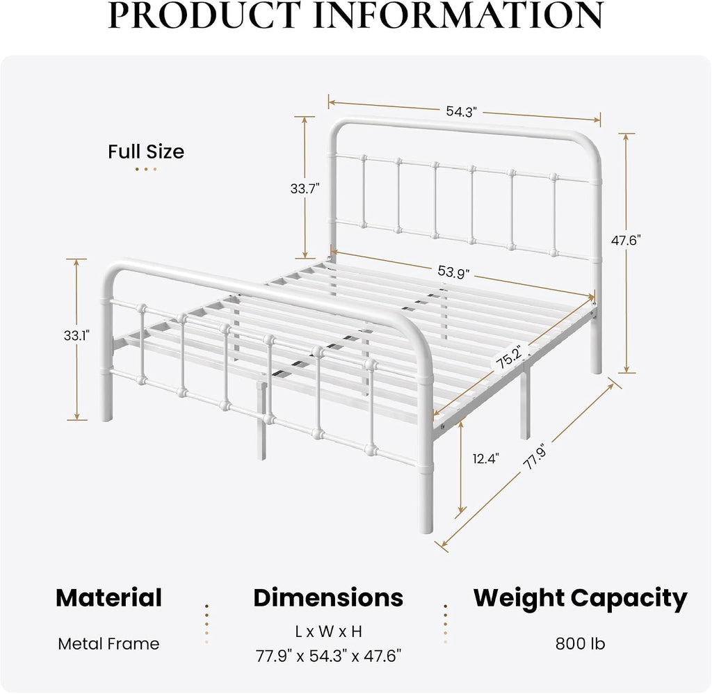 SHA CERLIN Full Size Bed Frame Metal Platform Bed with Vintage Style Headboard and Footboard, Heavy Duty Mattress Foundation, No Box Spring Needed, Easy Assembly, White