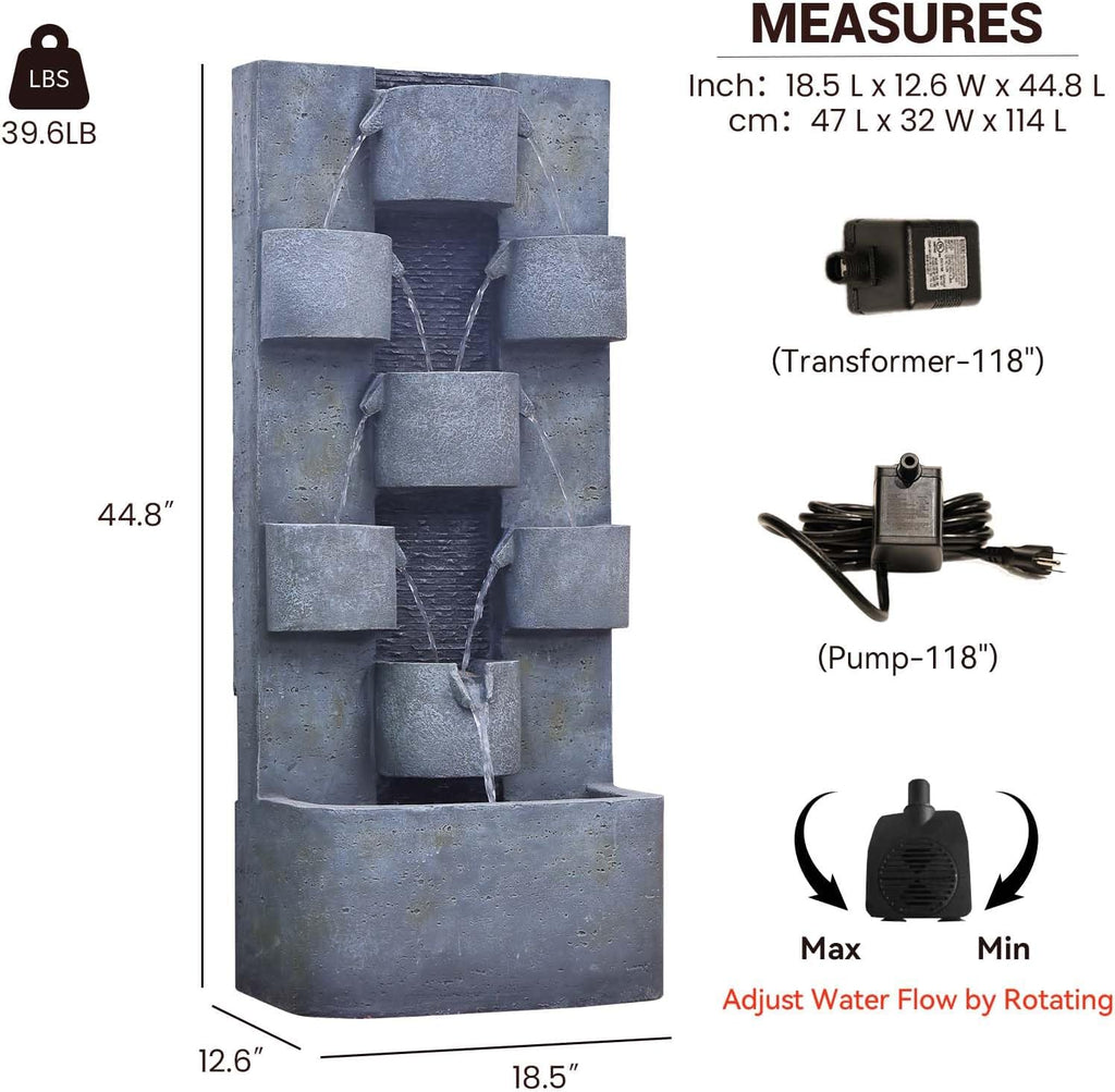 Bumilgar 44.8' H Modern Outdoor Water Fountain with LED Lights and Pump, Mutiply-Tier Standing Cascading Waterfall - Modern Design for Garden,Patio,Yard, Multi-Level Outdoor Decor (Gray)